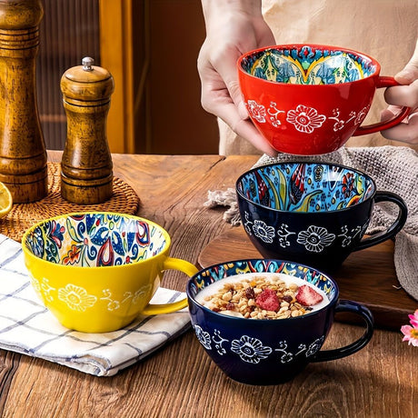 Bohemian Ceramic Cups Vibrant Floral Drinkware Hand-Painted Coffee Cups Unique - Miro Sunshine - Size 400ml
