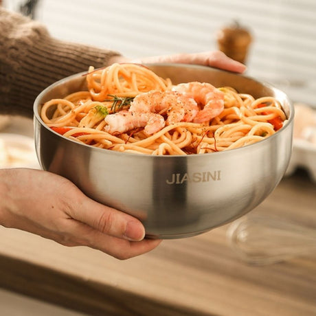 Stainless Steel Noodle Bowls Double-Layered Bowls Heat Insulation Bowls 5-Piece - Silver - Size Pack of 5 pieces