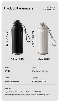 316 Stainless Steel Water Bottle Outdoor Insulated Bottle Sports Straw Bottle - Black - Size 1000ml