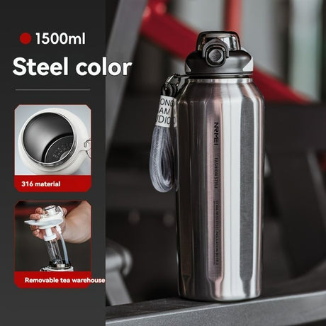 316 Stainless Steel Water Bottle Outdoor Insulated Bottle Sports Straw Bottle - Silver - Size 1200ml