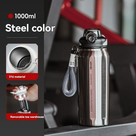 316 Stainless Steel Water Bottle Outdoor Insulated Bottle Sports Straw Bottle - Silver - Size 1200ml