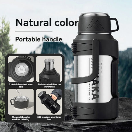 316 Stainless Steel Thermos Large Capacity Thermos Portable Thermos Flask - Black - Size 2000ml