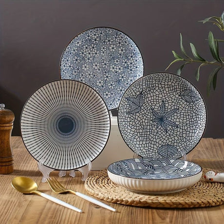 Ceramic Dinner Plates Set Of 4 Plates 4 Styles Dining Tableware High-Quality - Indigo - Size Pack of 4 pieces