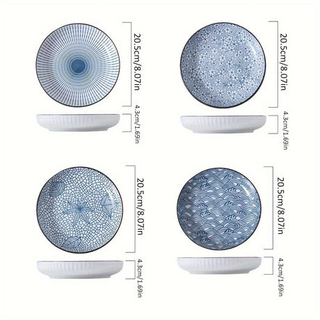 Ceramic Dinner Plates Set Of 4 Plates 4 Styles Dining Tableware High-Quality - Indigo - Size Pack of 4 pieces