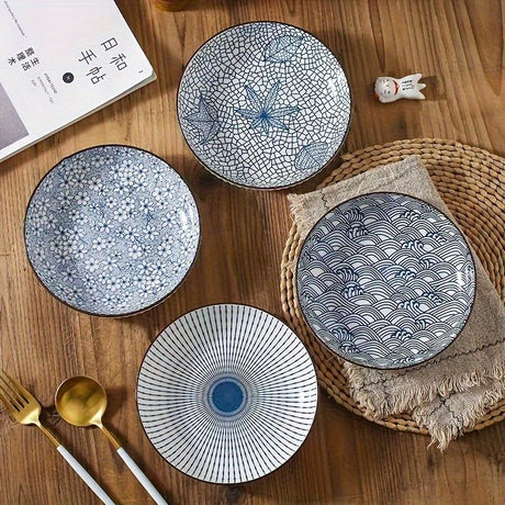 Ceramic Dinner Plates Set Of 4 Plates 4 Styles Dining Tableware High-Quality - Indigo - Size Pack of 4 pieces