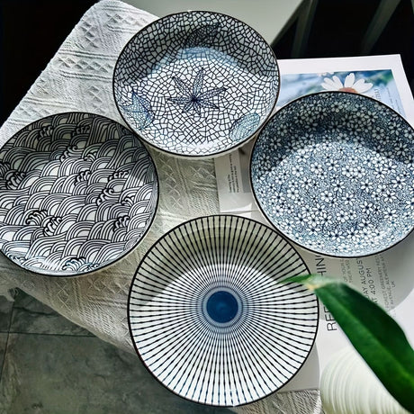 Ceramic Dinner Plates Set Of 4 Plates 4 Styles Dining Tableware High-Quality - Indigo - Size Pack of 4 pieces