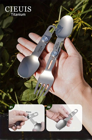 CIEUI Folding Titanium Spoon Fork Set - Lightweight Camping Cutlery