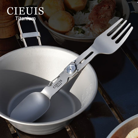 CIEUI Folding Titanium Spoon Fork Set - Lightweight Camping Cutlery