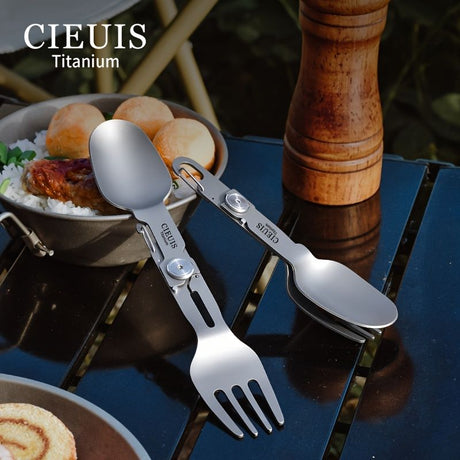 CIEUI Folding Titanium Spoon Fork Set - Lightweight Camping Cutlery