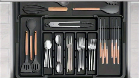 kitchen utensil set, organizer tray, wooden look handles, stainless steel utensils, heat resistant kitchen tools, Australian kitchenware, home cook essentials, non-stick safe utensils, kitchen drawer organizer, cooking utensils set