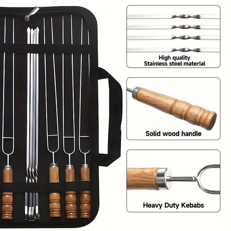 BBQ skewer set, outdoor barbecue Australia, stainless steel skewers, wooden handle skewers, portable skewer set, kebab sticks, grilling accessories