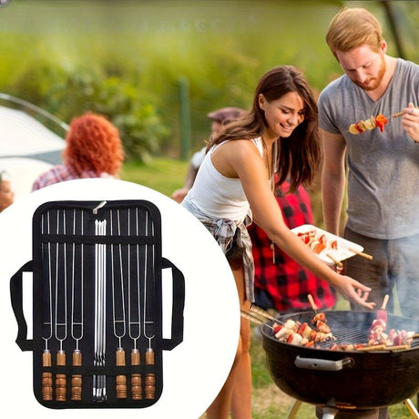 BBQ skewer set, outdoor barbecue Australia, stainless steel skewers, wooden handle skewers, portable skewer set, kebab sticks, grilling accessories