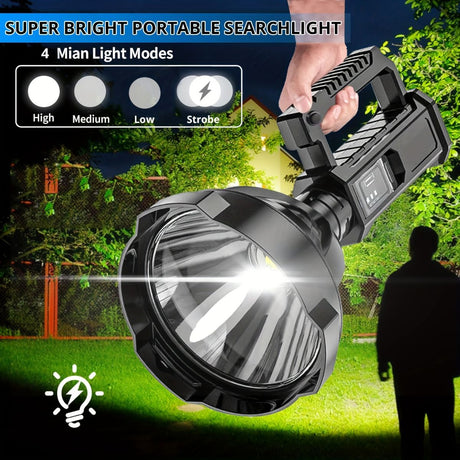 large LED searchlight, portable rechargeable flashlight, USB C camping light, multi-mode work light, emergency power bank flashlight, outdoor patrol light, Australian camping gear, battery level display flashlight - Black - Size High-end configuration