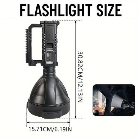 large LED searchlight, portable rechargeable flashlight, USB C camping light, multi-mode work light, emergency power bank flashlight, outdoor patrol light, Australian camping gear, battery level display flashlight - Black - Size High-end configuration