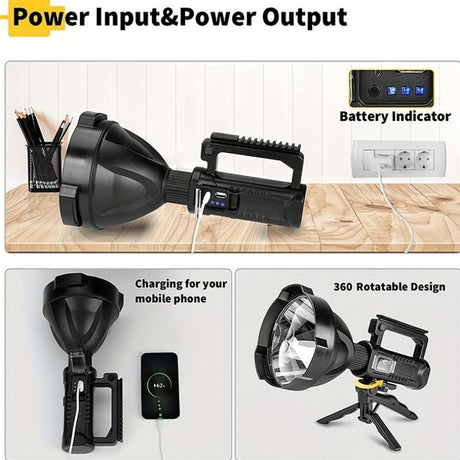 large LED searchlight, portable rechargeable flashlight, USB C camping light, multi-mode work light, emergency power bank flashlight, outdoor patrol light, Australian camping gear, battery level display flashlight - Black - Size High-end configuration