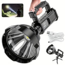 large LED searchlight, portable rechargeable flashlight, USB C camping light, multi-mode work light, emergency power bank flashlight, outdoor patrol light, Australian camping gear, battery level display flashlight - Black - Size High-end configuration