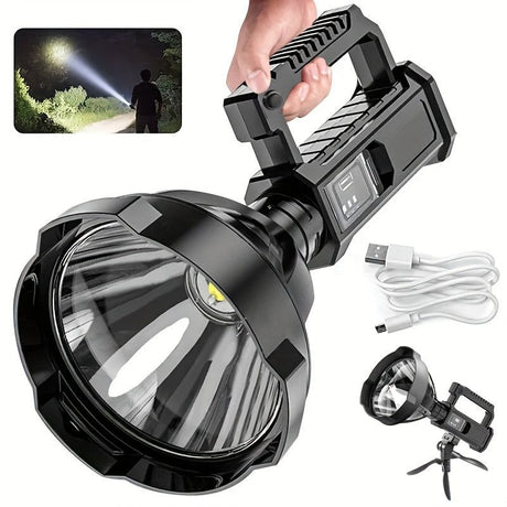 large LED searchlight, portable rechargeable flashlight, USB C camping light, multi-mode work light, emergency power bank flashlight, outdoor patrol light, Australian camping gear, battery level display flashlight - Black - Size High-end configuration