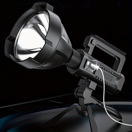large LED searchlight, portable rechargeable flashlight, USB C camping light, multi-mode work light, emergency power bank flashlight, outdoor patrol light, Australian camping gear, battery level display flashlight - Black - Size High-end configuration