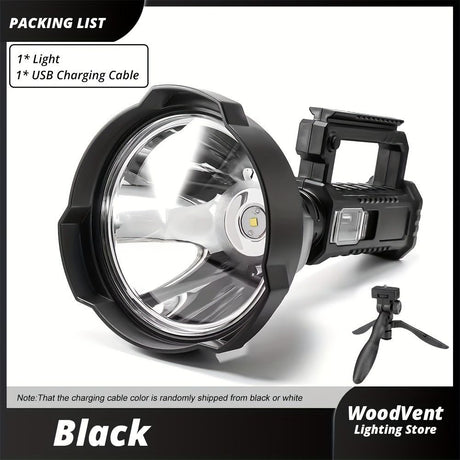 large LED searchlight, portable rechargeable flashlight, USB C camping light, multi-mode work light, emergency power bank flashlight, outdoor patrol light, Australian camping gear, battery level display flashlight - Black - Size High-end configuration