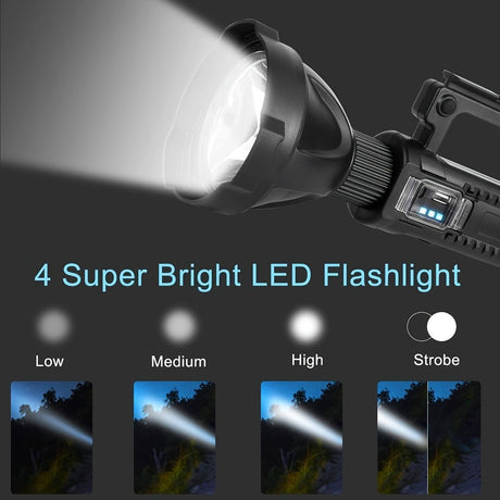 large LED searchlight, portable rechargeable flashlight, USB C camping light, multi-mode work light, emergency power bank flashlight, outdoor patrol light, Australian camping gear, battery level display flashlight - Black - Size High-end configuration