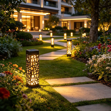 solar garden lights, outdoor waterproof lights, warm white LED pathway lights, automatic dusk to dawn lights, landscape lighting, lawn lights, patio lights, driveway lights, solar stake lights, Australian outdoor lights - Warm light - Size 6PCS