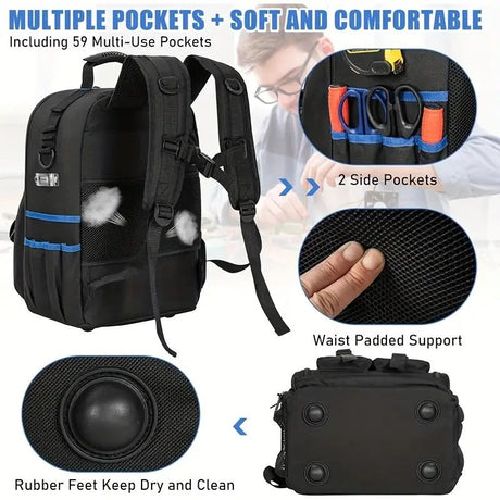 Black travel backpack, multi-pocket backpack, comfortable backpack, backpack with waist support, backpack with rubber feet, organizer backpack, durable backpack