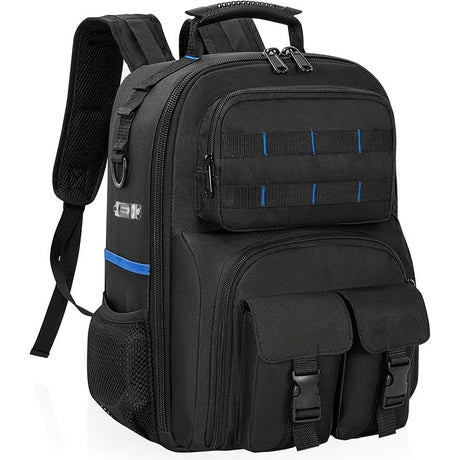 Black travel backpack, multi-pocket backpack, comfortable backpack, backpack with waist support, backpack with rubber feet, organizer backpack, durable backpack
