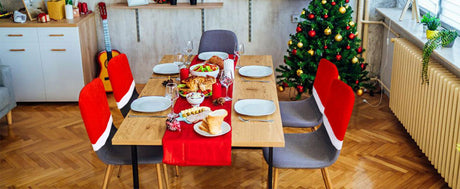 Christmas chair covers, red velvet chair covers, Santa hat chair covers, Christmas dining decor, holiday chair decorations, festive chair covers, Australian Christmas decorations, Xmas table setting