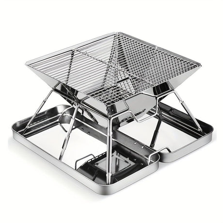 Silver camping grill, foldable grill, stainless steel grill, outdoor grill, portable grill, camping cookware, barbecue grill for camping