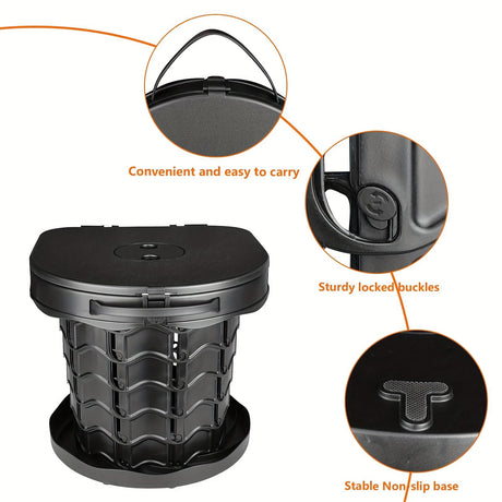 Gray Black collapsible camping toilet, portable outdoor toilet, camping furniture Australia, lightweight camping gear, compact toilet for travel, camping sanitation solution
