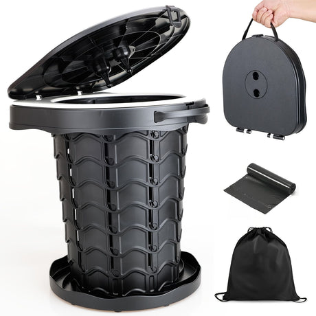 Gray Black collapsible camping toilet, portable outdoor toilet, camping furniture Australia, lightweight camping gear, compact toilet for travel, camping sanitation solution