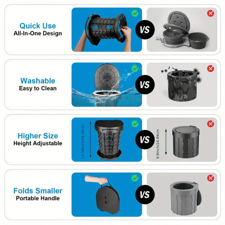 Gray Black collapsible camping toilet, portable outdoor toilet, camping furniture Australia, lightweight camping gear, compact toilet for travel, camping sanitation solution