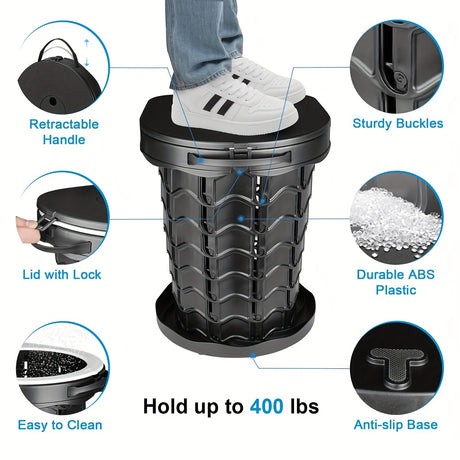 Black collapsible camping toilet, portable outdoor toilet, camping furniture Australia, lightweight camping gear, compact toilet for travel, camping sanitation solution