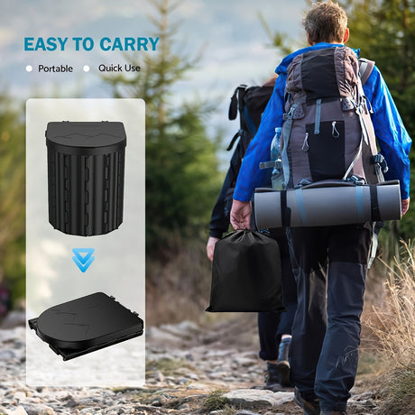 Black collapsible camping toilet, portable outdoor toilet, camping furniture Australia, lightweight camping gear, compact toilet for travel, camping sanitation solution