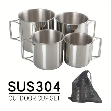 SUS304, outdoor cup set, camping cups, stainless steel cups, outdoor drinking vessels, mesh storage bag, Australian camping gear, family camping cups, stainless steel tumblers, picnic cups