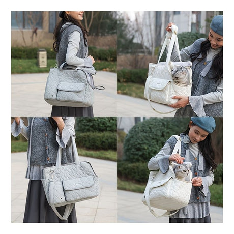 Gray White cat carrier bag, cat transportation, quilted cat carrier, cat travel, pet care, cat supplies, Australian pet carrier, cat travel bag