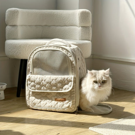 White cat backpack carrier, pet travel carrier, breathable cat backpack, stylish cat carrier, cat supplies Australia, durable cat carrier, padded cat backpack