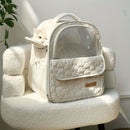 White cat backpack carrier, pet travel carrier, breathable cat backpack, stylish cat carrier, cat supplies Australia, durable cat carrier, padded cat backpack