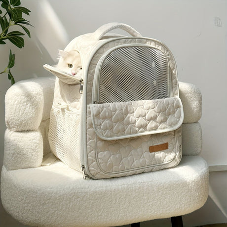 White cat backpack carrier, pet travel carrier, breathable cat backpack, stylish cat carrier, cat supplies Australia, durable cat carrier, padded cat backpack