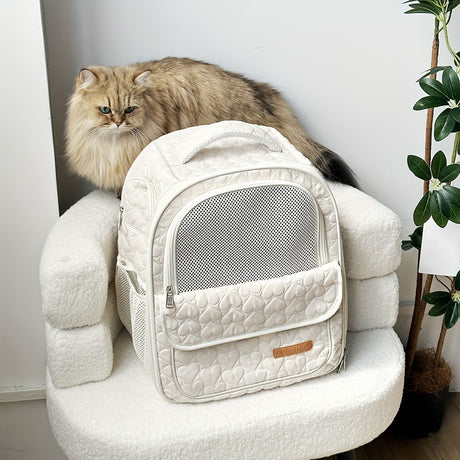 White cat backpack carrier, pet travel carrier, breathable cat backpack, stylish cat carrier, cat supplies Australia, durable cat carrier, padded cat backpack