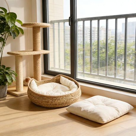 round woven cat bed, cat bed Australia, woven cat bed, cat furniture, cat resting place, cat comfort bed, pet bed Australia, small pet bed, cat sleeping bed, natural cat bed
