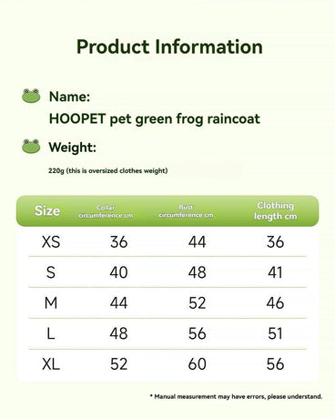 Dog Raincoat Shiba Inu Raincoat Corgi Raincoat Frog-Themed Dog Clothing - Green - Size XL-17-20kg