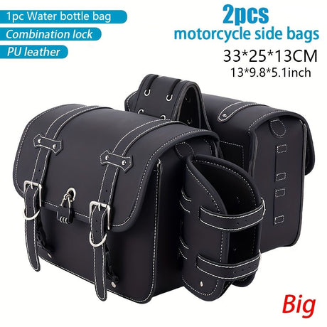 motorcycle side bags, water bottle bag, PU leather, combination lock, motorcycle accessories, durable side bags, secure storage, Australian market