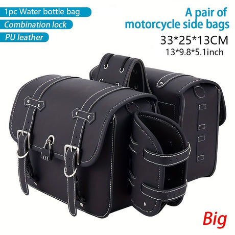 motorcycle side bags, water bottle bag, PU leather, combination lock, motorcycle accessories, durable side bags, secure storage, Australian market