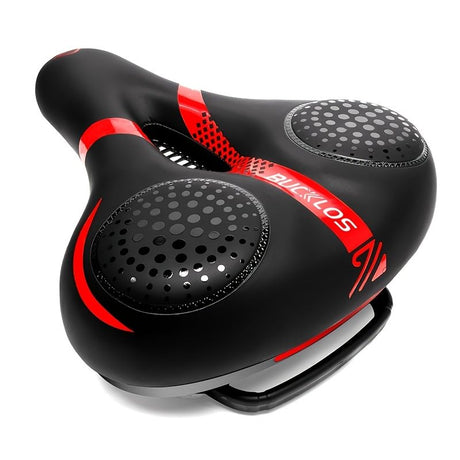BUCKLOS saddle, wide cycling saddle, high-quality bike saddle, breathable bike saddle, black and red saddle, comfortable bike seat, durable bicycle saddle