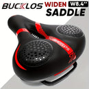 BUCKLOS saddle, wide cycling saddle, high-quality bike saddle, breathable bike saddle, black and red saddle, comfortable bike seat, durable bicycle saddle