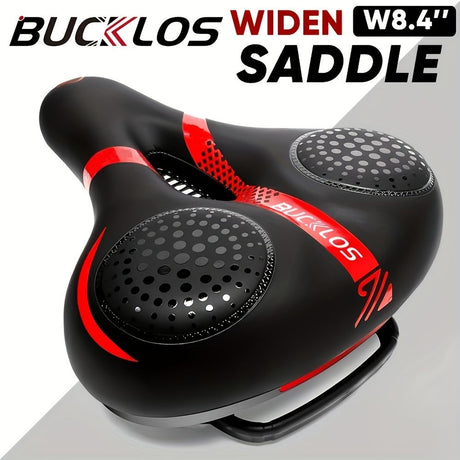 BUCKLOS saddle, wide cycling saddle, high-quality bike saddle, breathable bike saddle, black and red saddle, comfortable bike seat, durable bicycle saddle