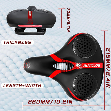 BUCKLOS saddle, wide cycling saddle, high-quality bike saddle, breathable bike saddle, black and red saddle, comfortable bike seat, durable bicycle saddle