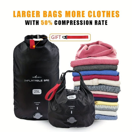Black inflatable dry bag set, 25L dry bag, waterproof travel bag, inflatable waterproof bag, outdoor dry bag, camping gear, beach essentials, Australia travel accessories, water sports bag, dry bag 25 litre, cushioning dry bag, hiking bag