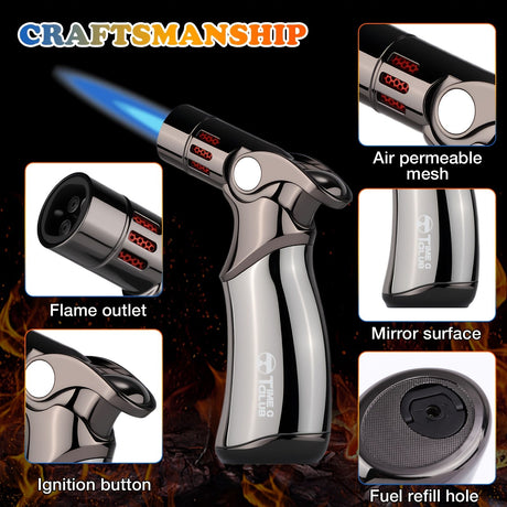butane torch lighter, refillable torch lighter, air-permeable mesh lighter, mirror finish lighter, professional soldering lighter, candle lighting torch, Australian market lighter, butane fuel lighter